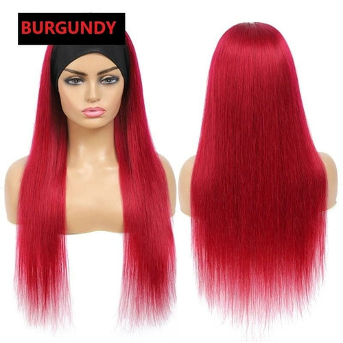 Burgundy Headband Straight Human Hair Wig #99J  Scarf Wig No GLUE Easy - Horizon Bliss