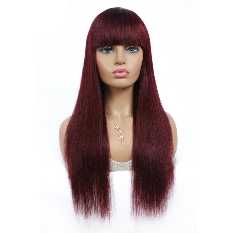 #1B/99J Brazilian Straight Human Hair Wigs with Bangs #99J No Glue Wig - Horizon Bliss