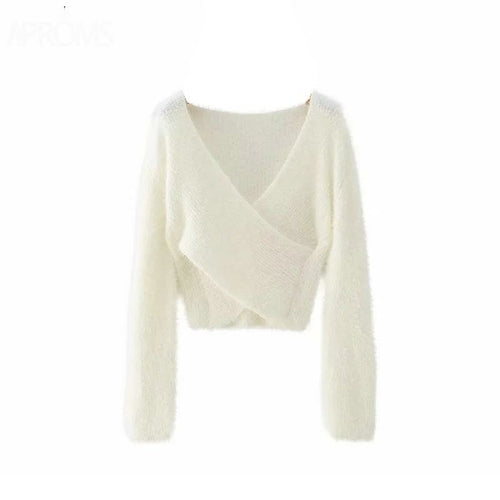 Pink Fluffy Knitted Sweater V-neck Wrap Front Cropped Pullovers - Horizon Bliss