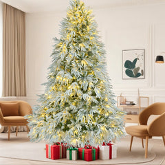 7.5FT Pre-Lit Spruce Snow Flocked Christmas Tree, Artificial Hinged