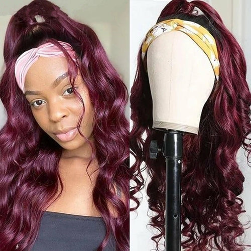 Burgundy Headband Body Wave Human Hair Wig #99J  Scarf Wig No GLUE Eas - Horizon Bliss