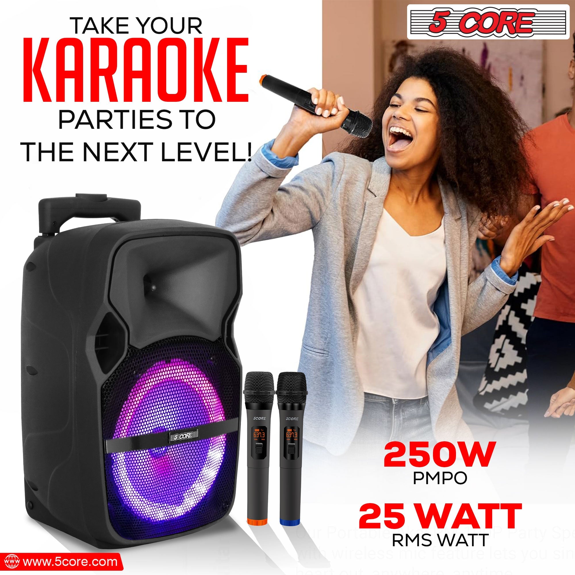 5 Core DJ Speakers 8" Rechargeable Powered PA System 250W Loud Speaker - Horizon Bliss