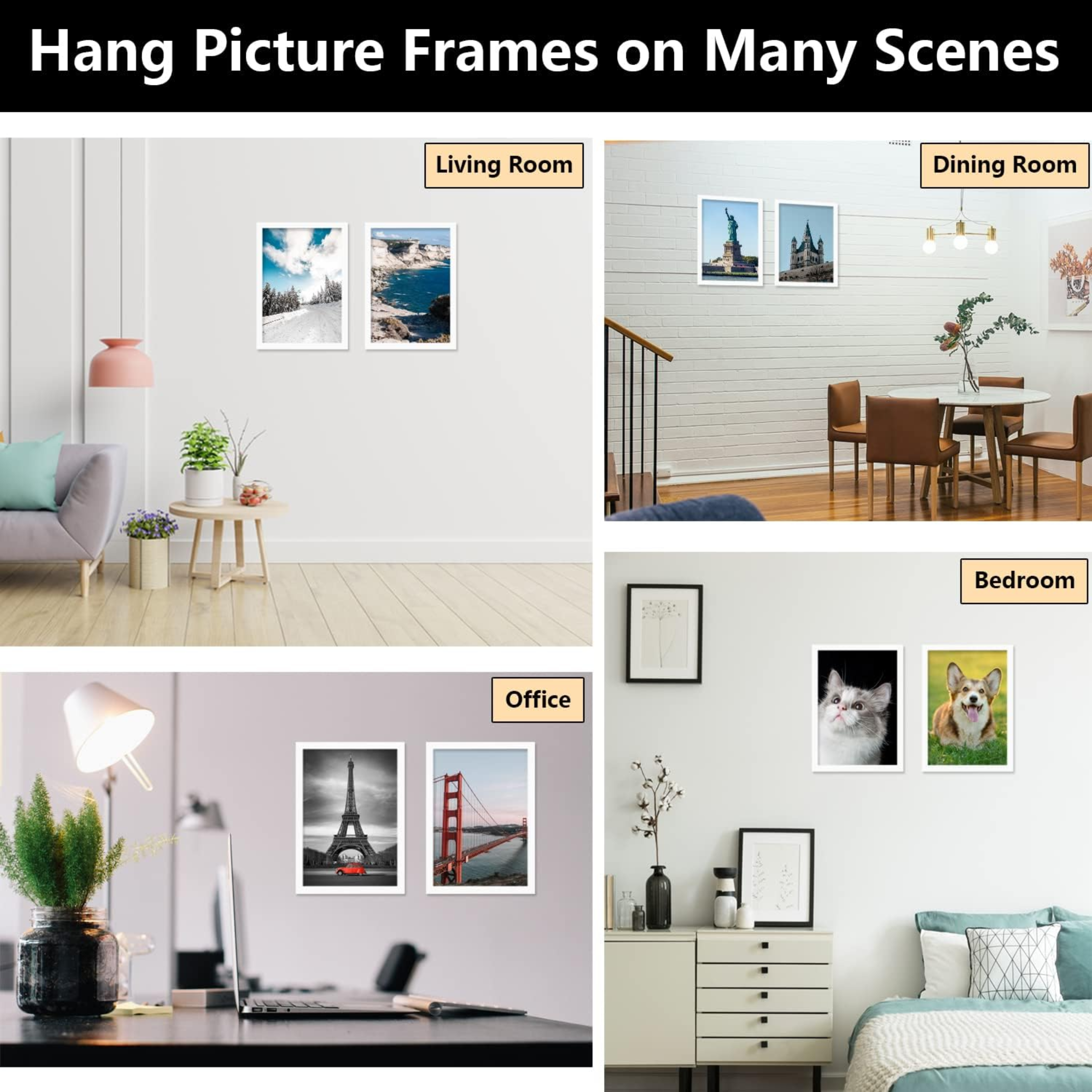 11x14 Picture Frame Set of 2, Made of High Definition Transparent Plastic for 8x10 with Mat or 11x14 Without Mat, Wall Mounting Photo Frames, White - Horizon Bliss