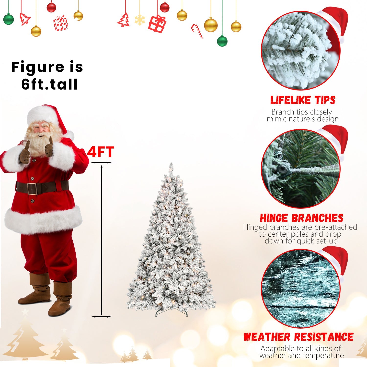 6FT Snow-Flocked Artificial Christmas Tree with Pine Cones, Prelit