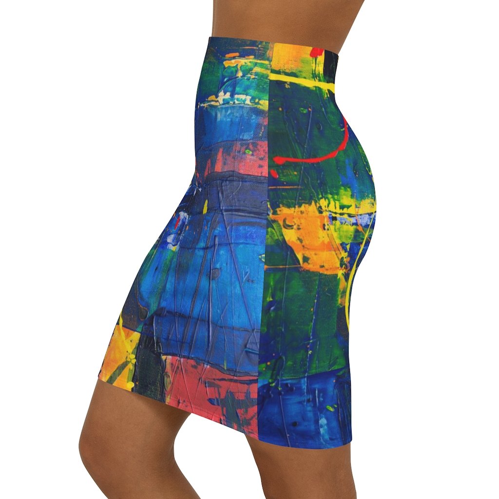 Womens Mini Skirt, High Waisted, Multicolor Abstract Pencil Skirt - Horizon Bliss