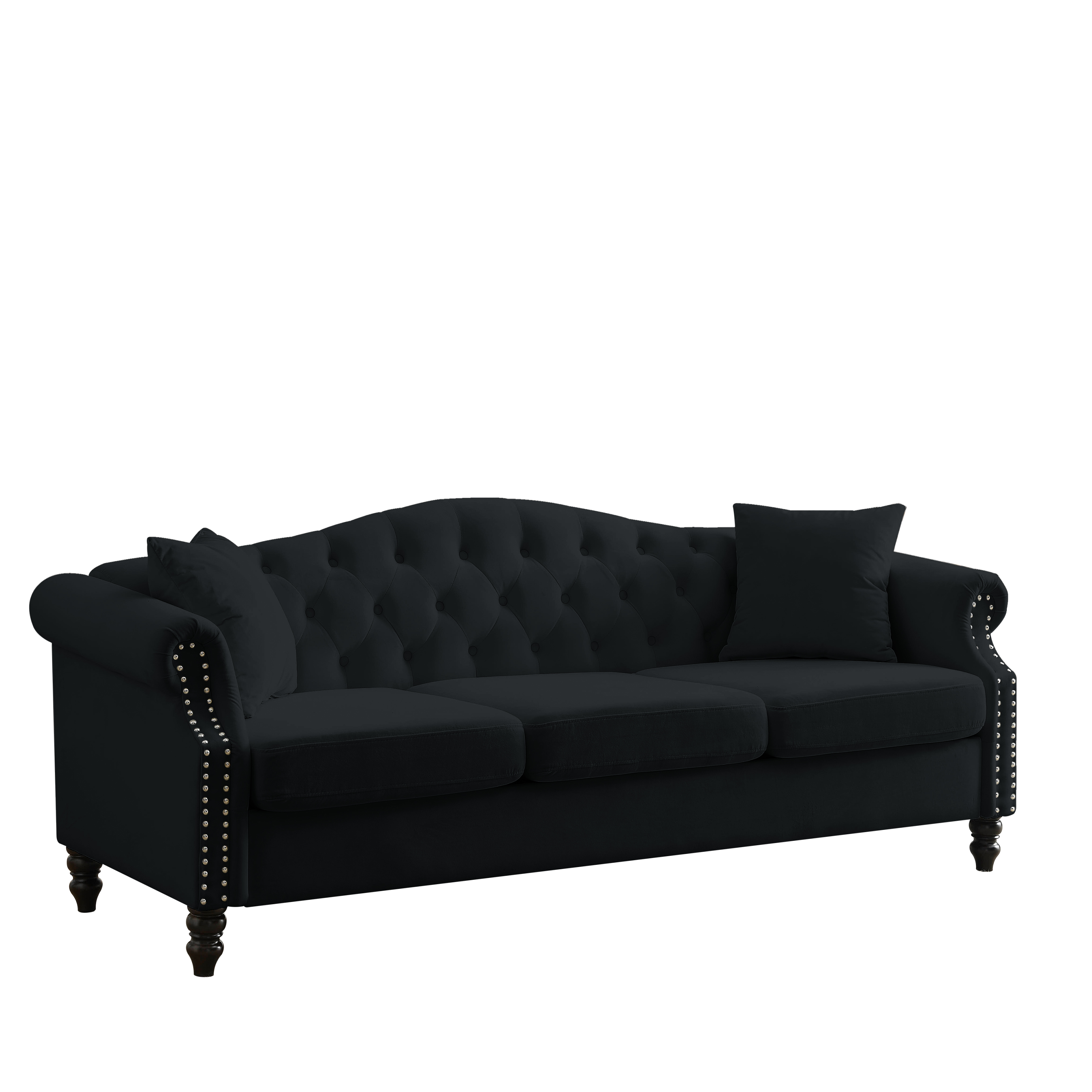 79" Chesterfield Sofa Black Velvet for Living Room, 3 Seater Sofa - Horizon Bliss