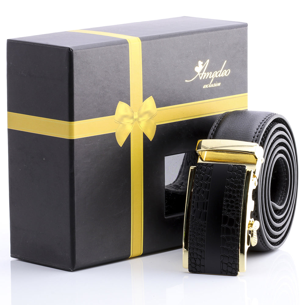 Men's Smart Ratchet No Holes Automatic Buckle Belt in Gold & Black - Horizon Bliss