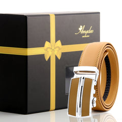 Men's Smart Ratchet No Holes Automatic Buckle Belt in Tan & Silver - Horizon Bliss