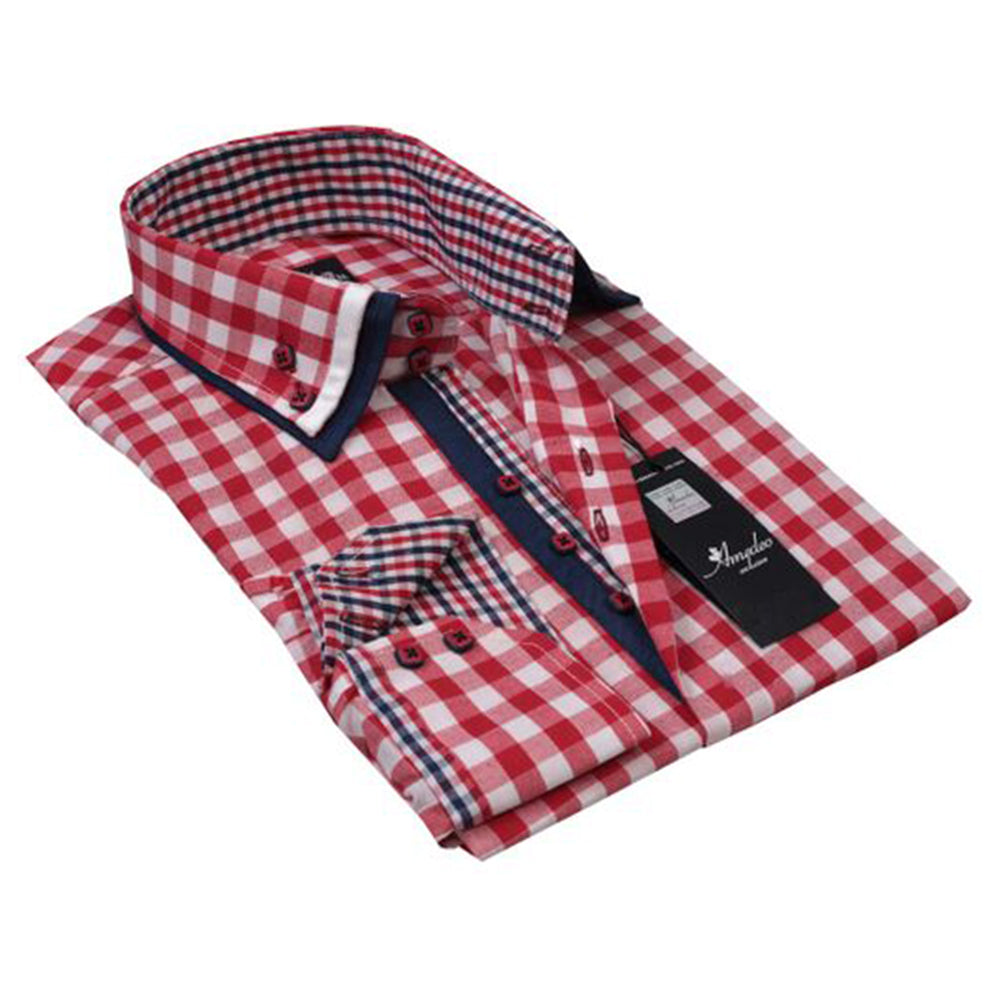 Red White Checkered Mens Slim Fit Designer Dress Shirt - tailored - Horizon Bliss