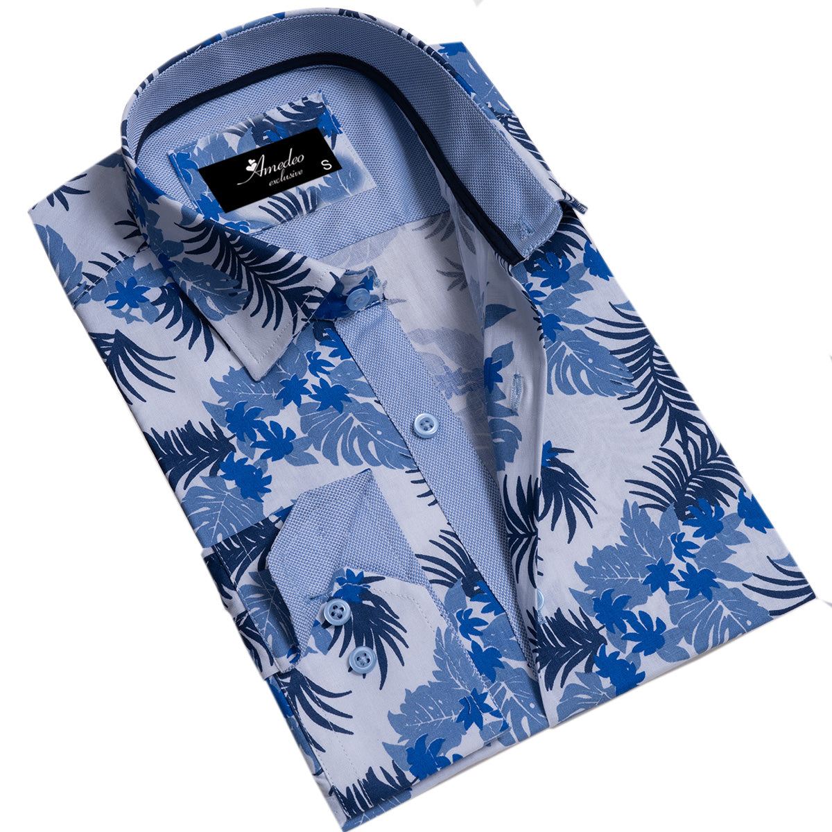 Blue and White Mens Slim Fit Designer French Cuff Shirt - tailored - Horizon Bliss