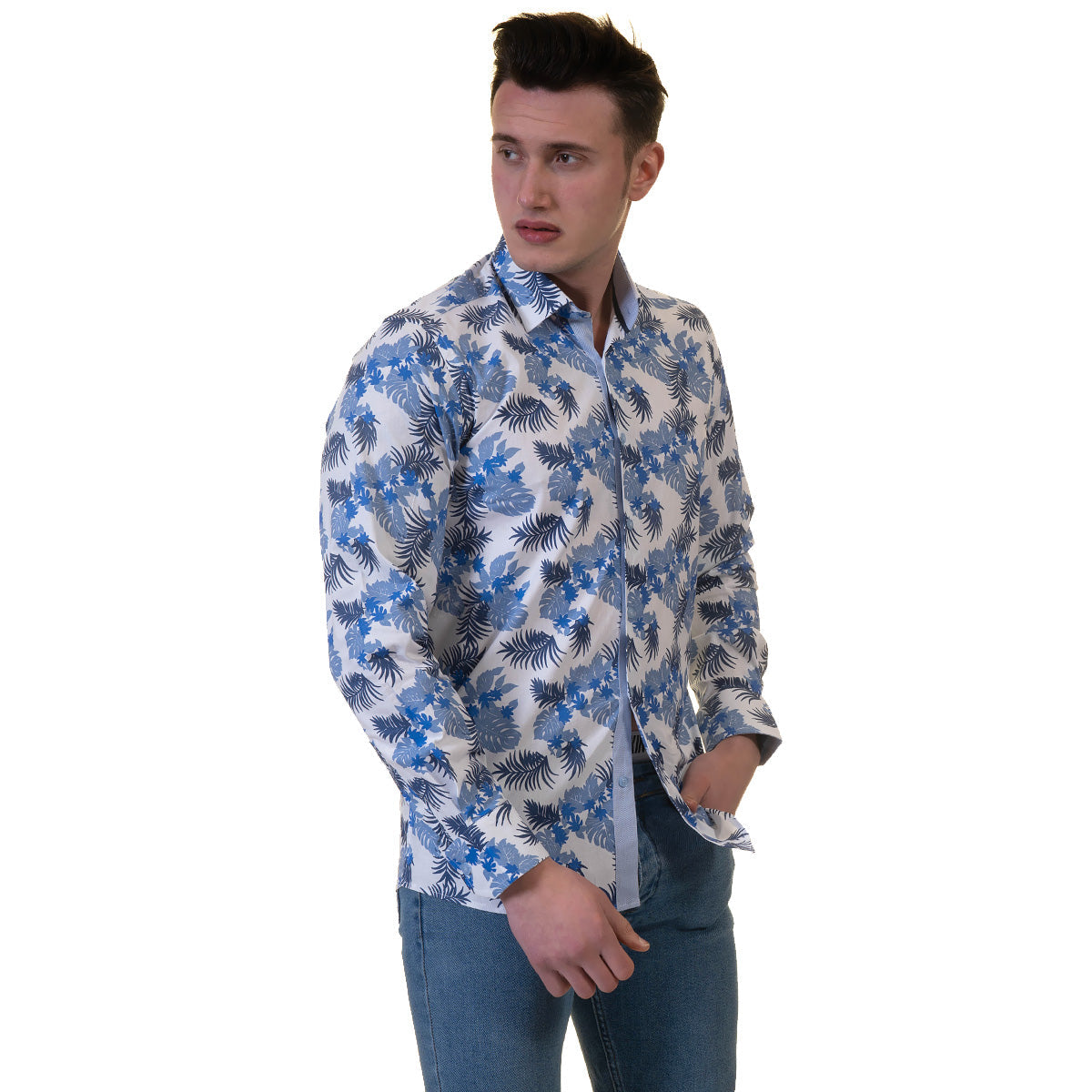 Blue and White Mens Slim Fit Designer French Cuff Shirt - tailored - Horizon Bliss