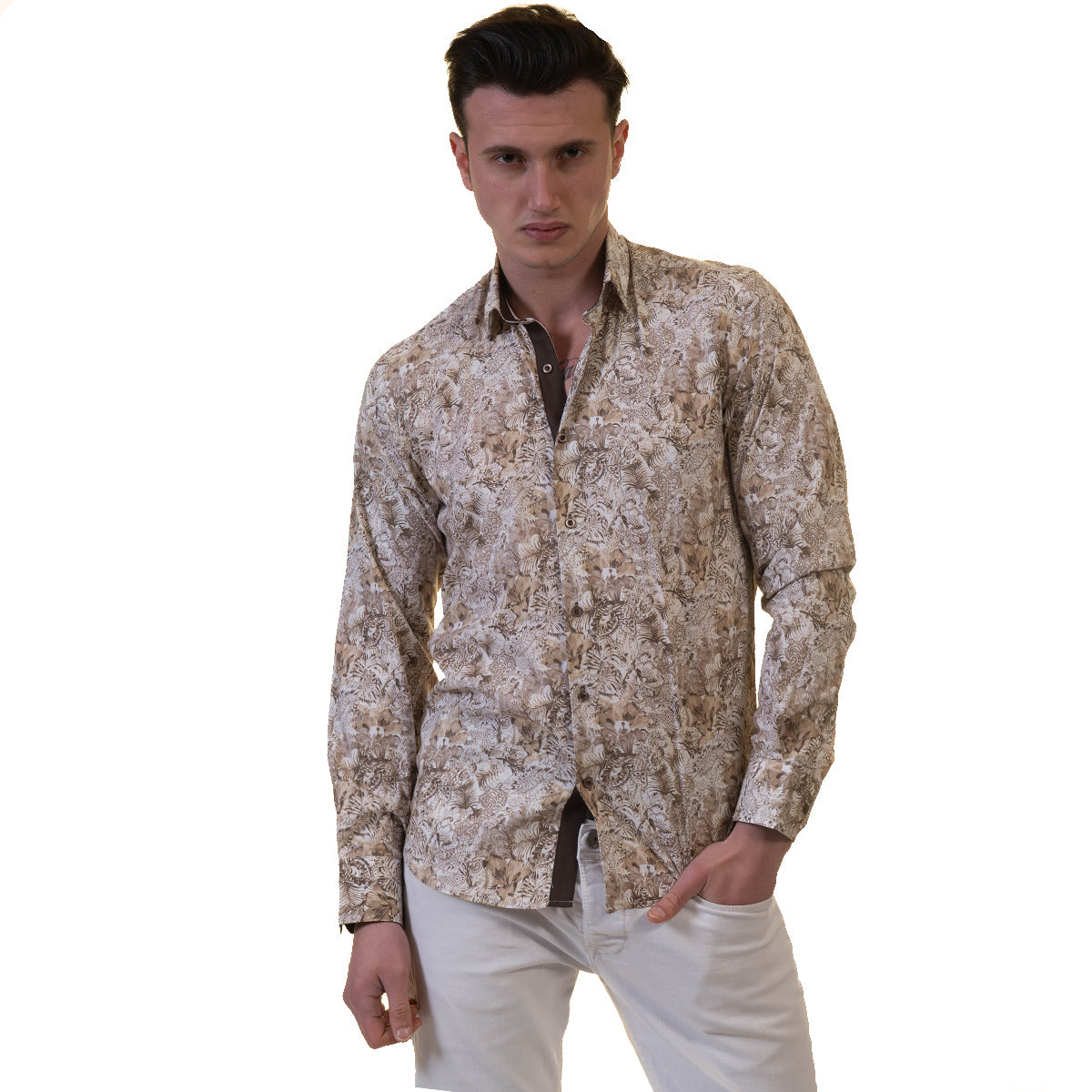 Beige Mens Slim Fit Designer Dress Shirt - tailored Cotton Shirts for - Horizon Bliss