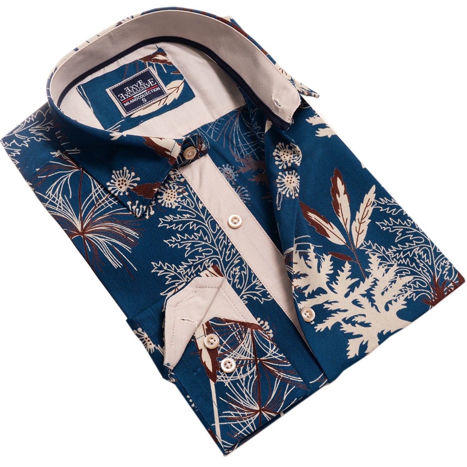 Blue Floral Mens Slim Fit Designer French Cuff Shirt - tailored Cotton - Horizon Bliss