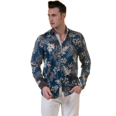 Blue Floral Mens Slim Fit Designer French Cuff Shirt - tailored Cotton - Horizon Bliss