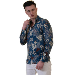 Blue Floral Mens Slim Fit Designer French Cuff Shirt - tailored Cotton - Horizon Bliss