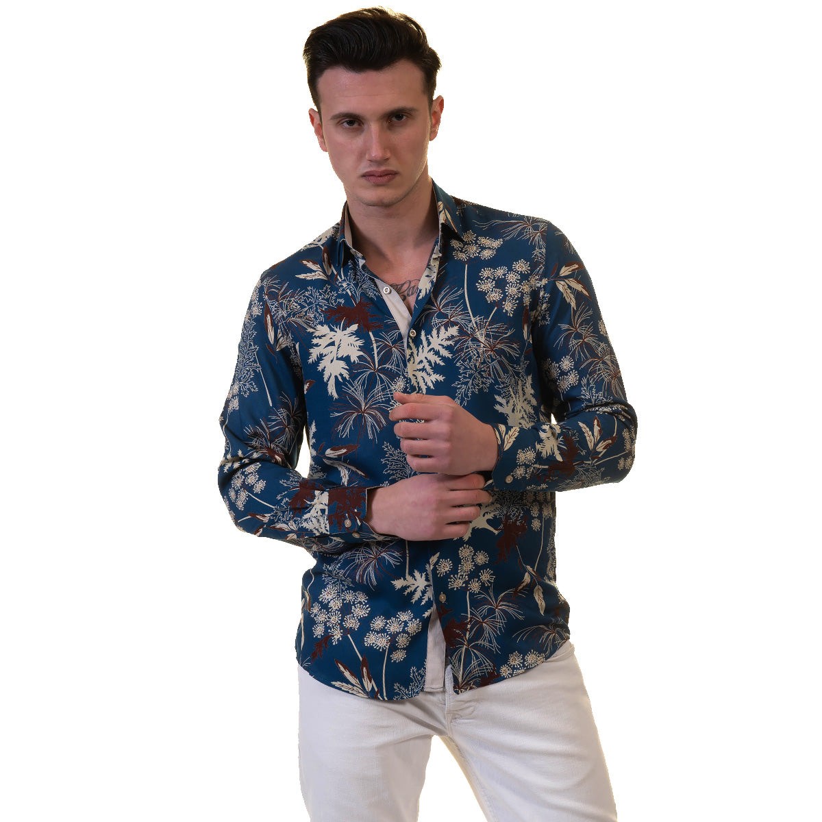 Blue Floral Mens Slim Fit Designer French Cuff Shirt - tailored Cotton - Horizon Bliss