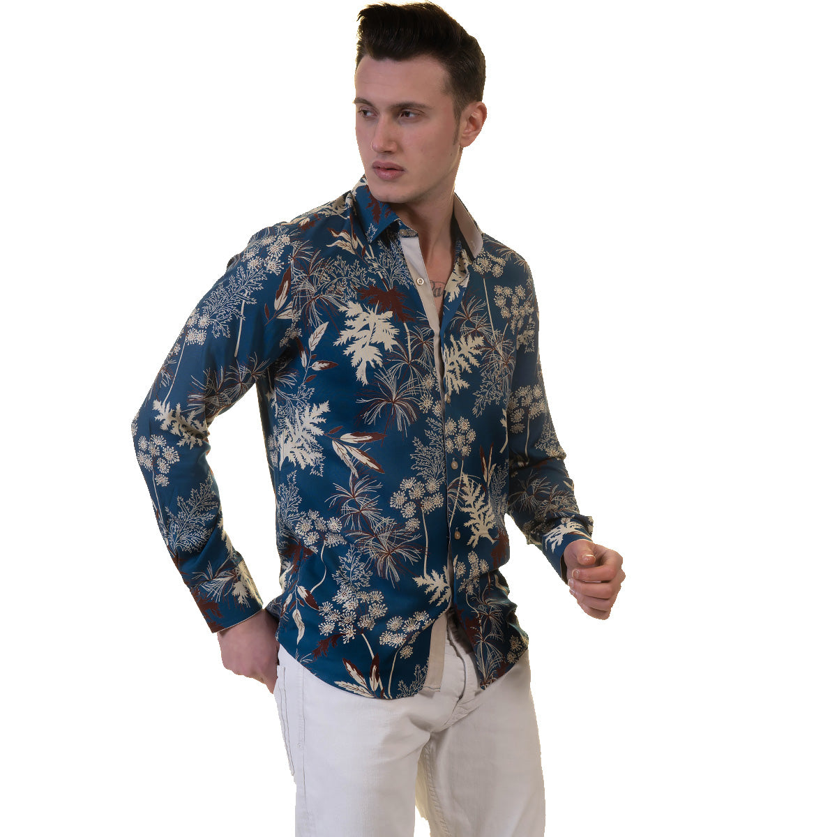 Blue Floral Mens Slim Fit Designer French Cuff Shirt - tailored Cotton - Horizon Bliss