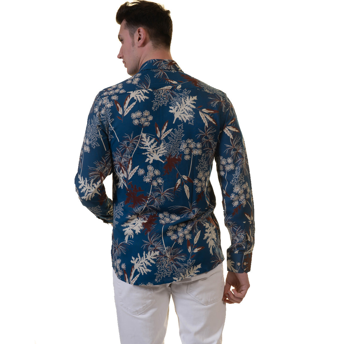 Blue Floral Mens Slim Fit Designer French Cuff Shirt - tailored Cotton - Horizon Bliss