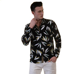 Black Floral Mens Slim Fit Designer Dress Shirt - tailored Cotton - Horizon Bliss