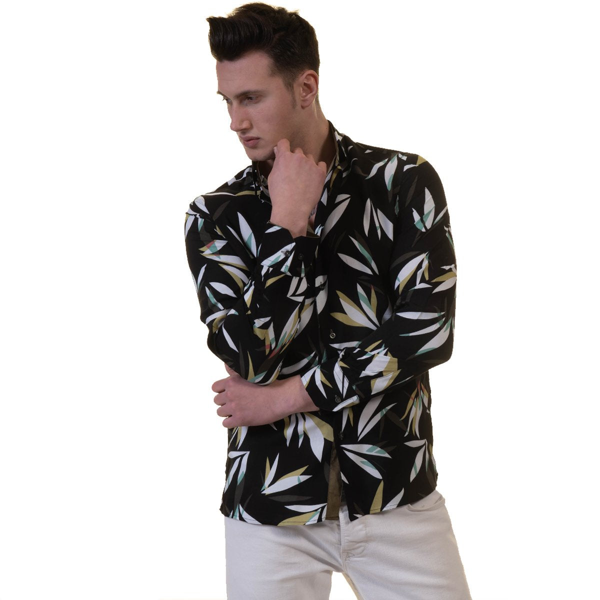 Black Floral Mens Slim Fit Designer Dress Shirt - tailored Cotton - Horizon Bliss