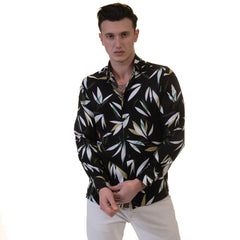 Black Floral Mens Slim Fit Designer Dress Shirt - tailored Cotton - Horizon Bliss