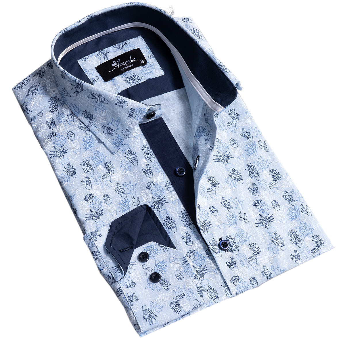 Blue Printed Mens Slim Fit Designer Dress Shirt - tailored Cotton - Horizon Bliss