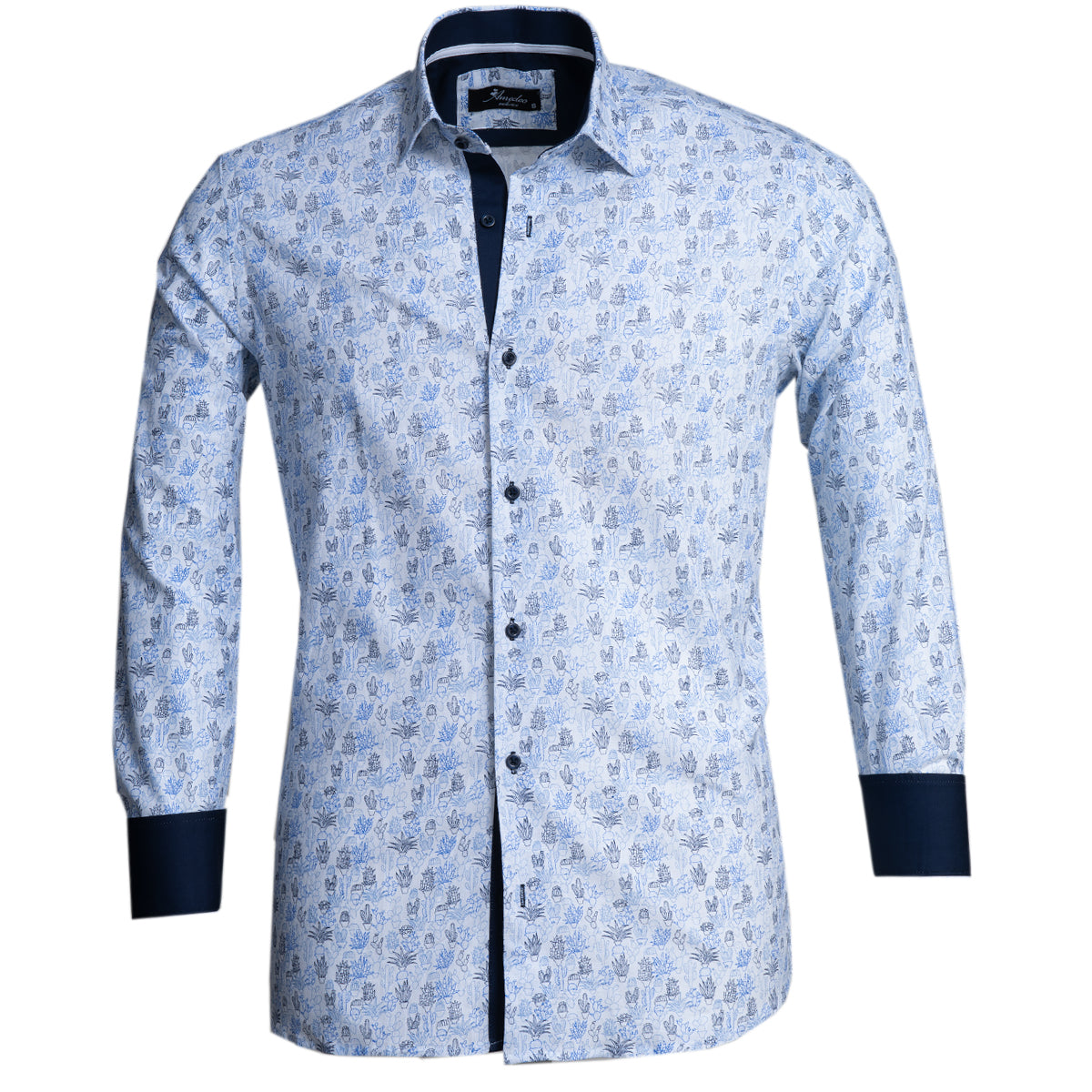 Blue Printed Mens Slim Fit Designer Dress Shirt - tailored Cotton - Horizon Bliss