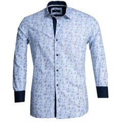 Blue Printed Mens Slim Fit Designer Dress Shirt - tailored Cotton - Horizon Bliss