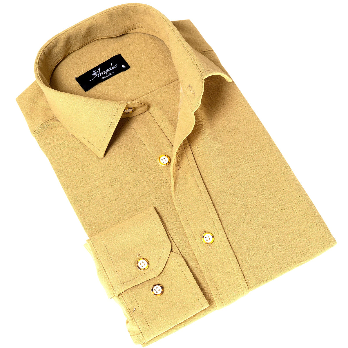 Mustard Colored Luxury Men's Tailor Fit Button Up European Made Linen - Horizon Bliss