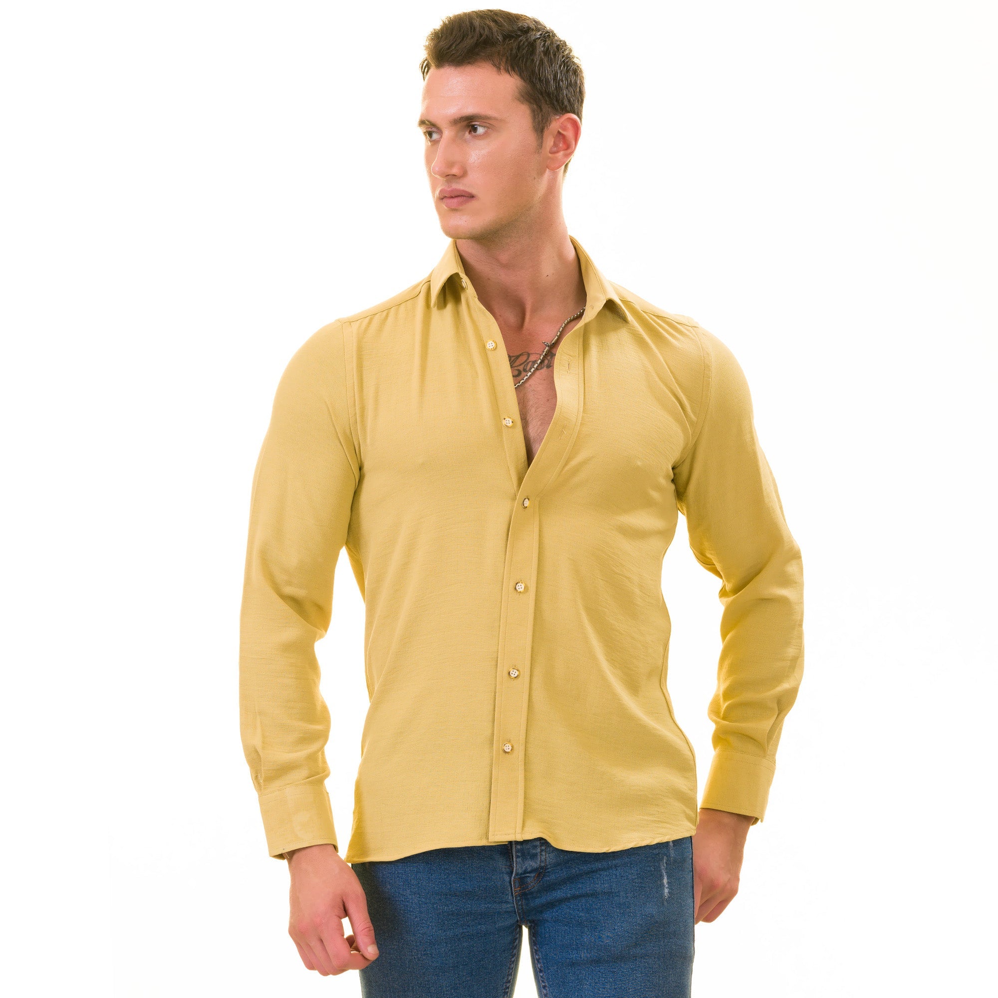 Mustard Colored Luxury Men's Tailor Fit Button Up European Made Linen - Horizon Bliss