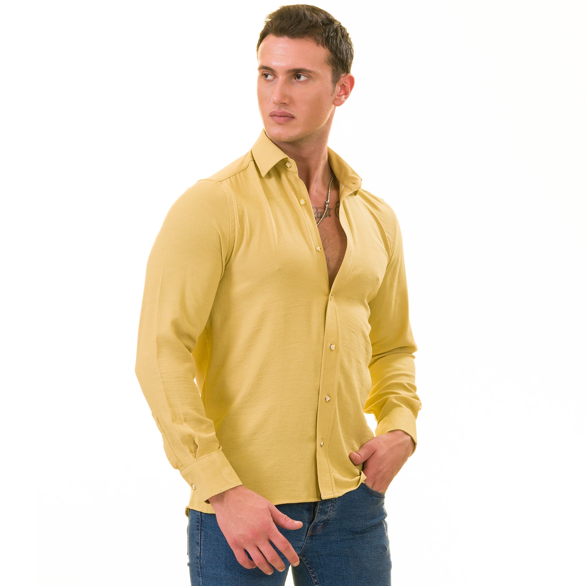 Mustard Colored Luxury Men's Tailor Fit Button Up European Made Linen - Horizon Bliss