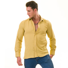 Mustard Colored Luxury Men's Tailor Fit Button Up European Made Linen - Horizon Bliss