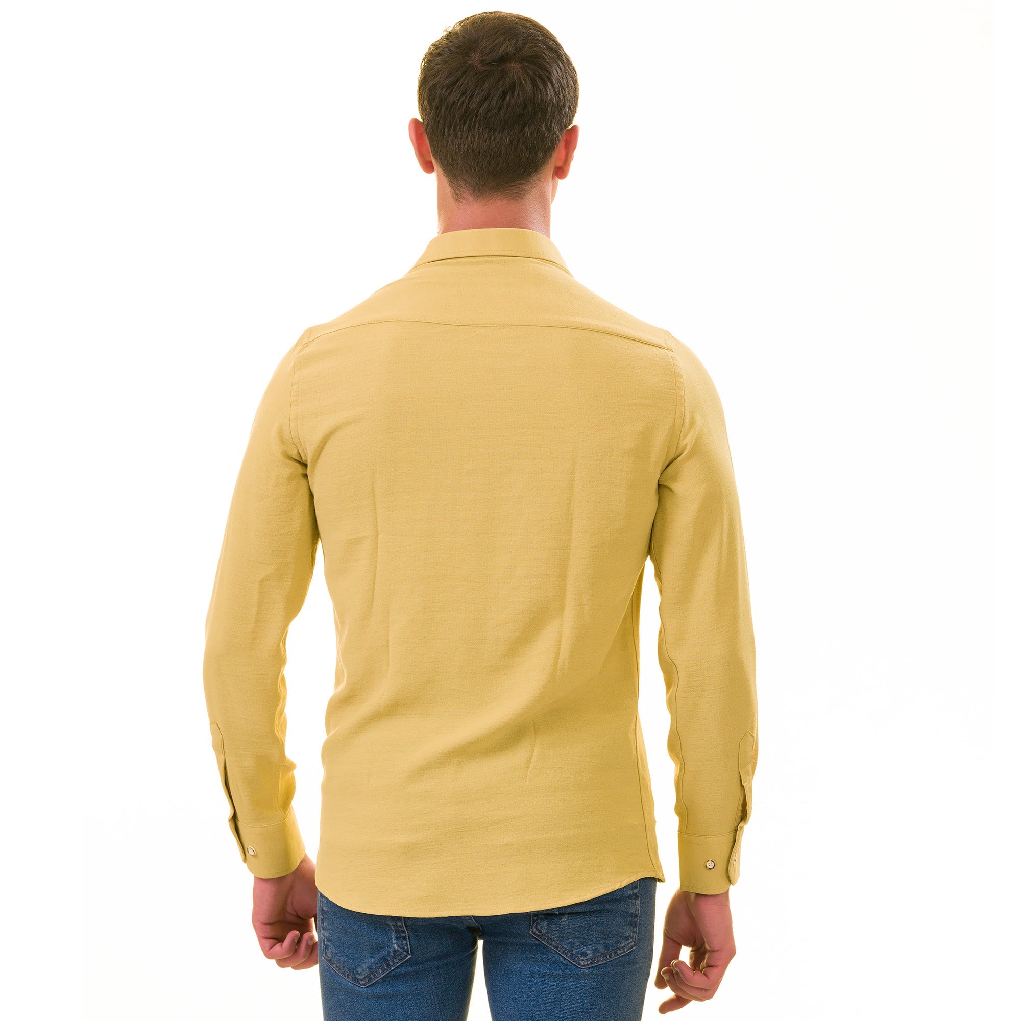 Mustard Colored Luxury Men's Tailor Fit Button Up European Made Linen - Horizon Bliss