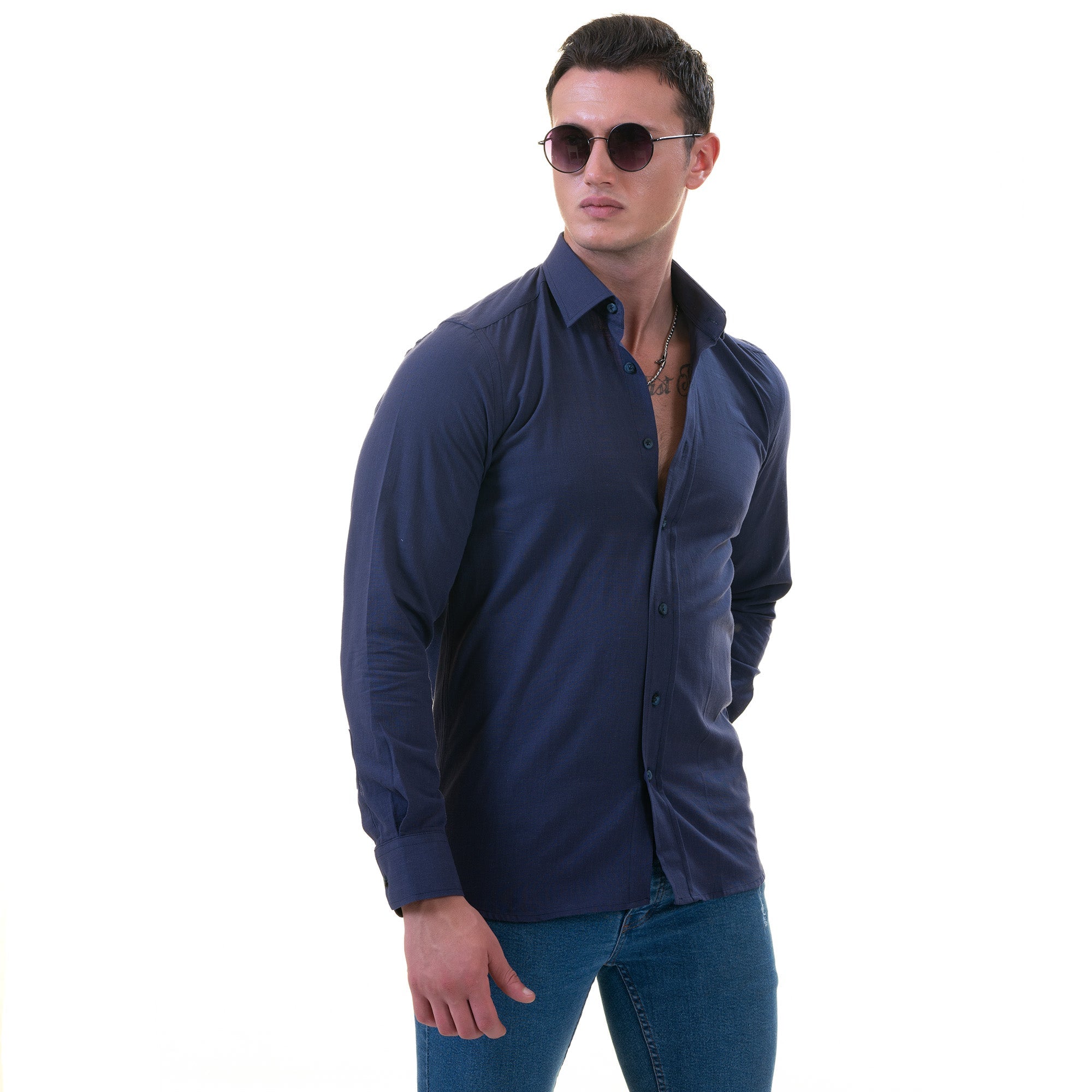 Dark Blue Luxury Men's Tailor Fit Button Up European Made Linen Shirts - Horizon Bliss