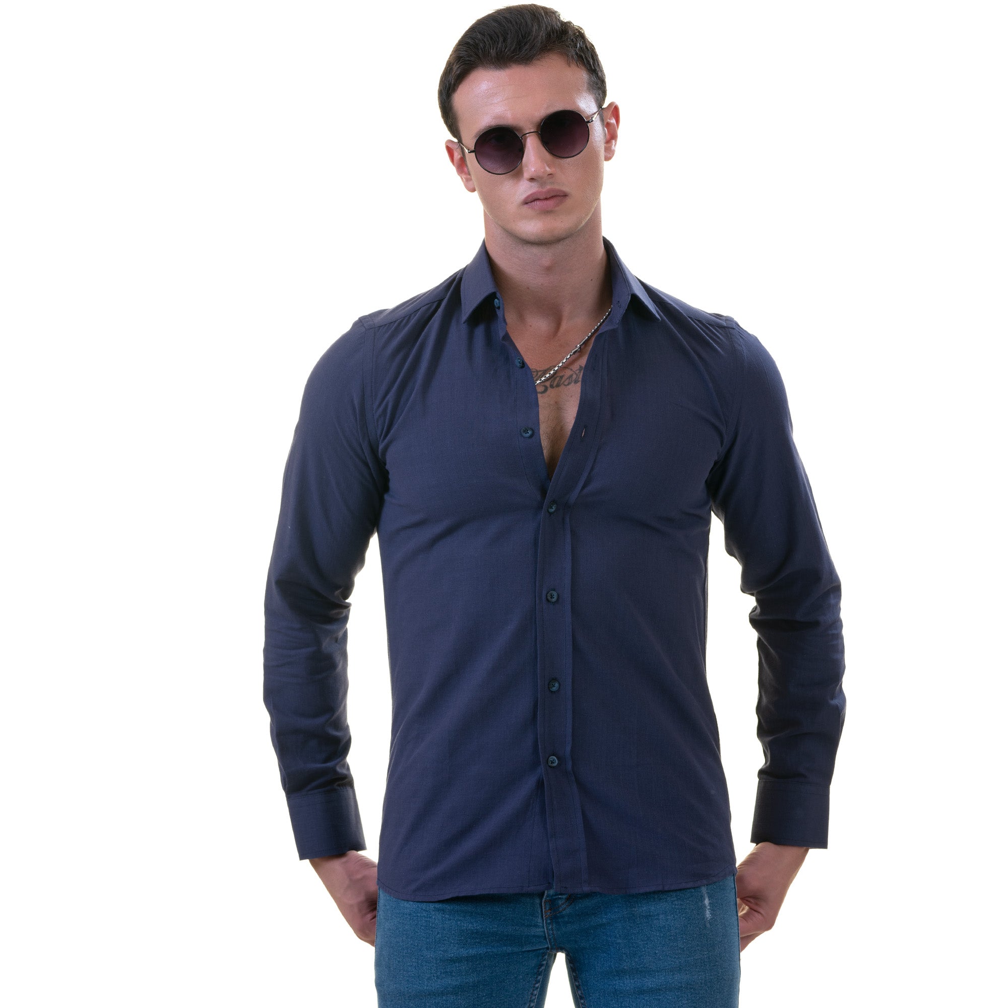 Dark Blue Luxury Men's Tailor Fit Button Up European Made Linen Shirts - Horizon Bliss