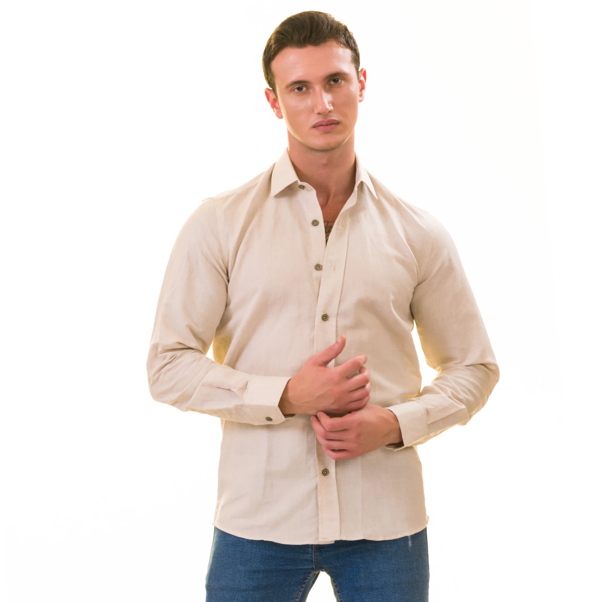 Beige Luxury Men's Tailor Fit Button Up European Made Linen Shirts - Horizon Bliss