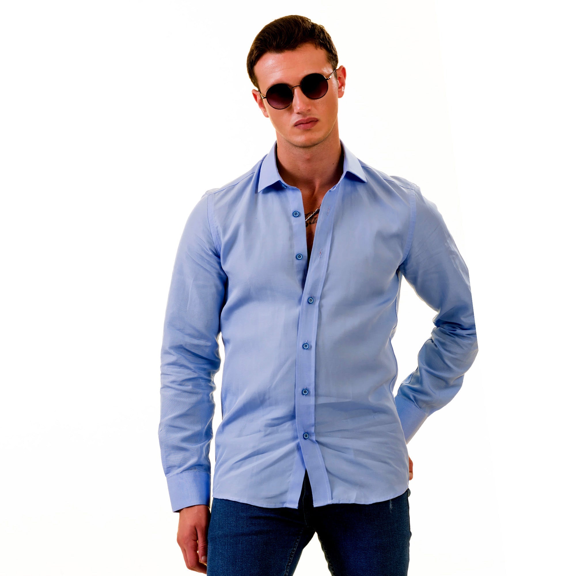 Sky Blue Luxury Men's Tailor Fit Button Up European Made Linen Shirts - Horizon Bliss