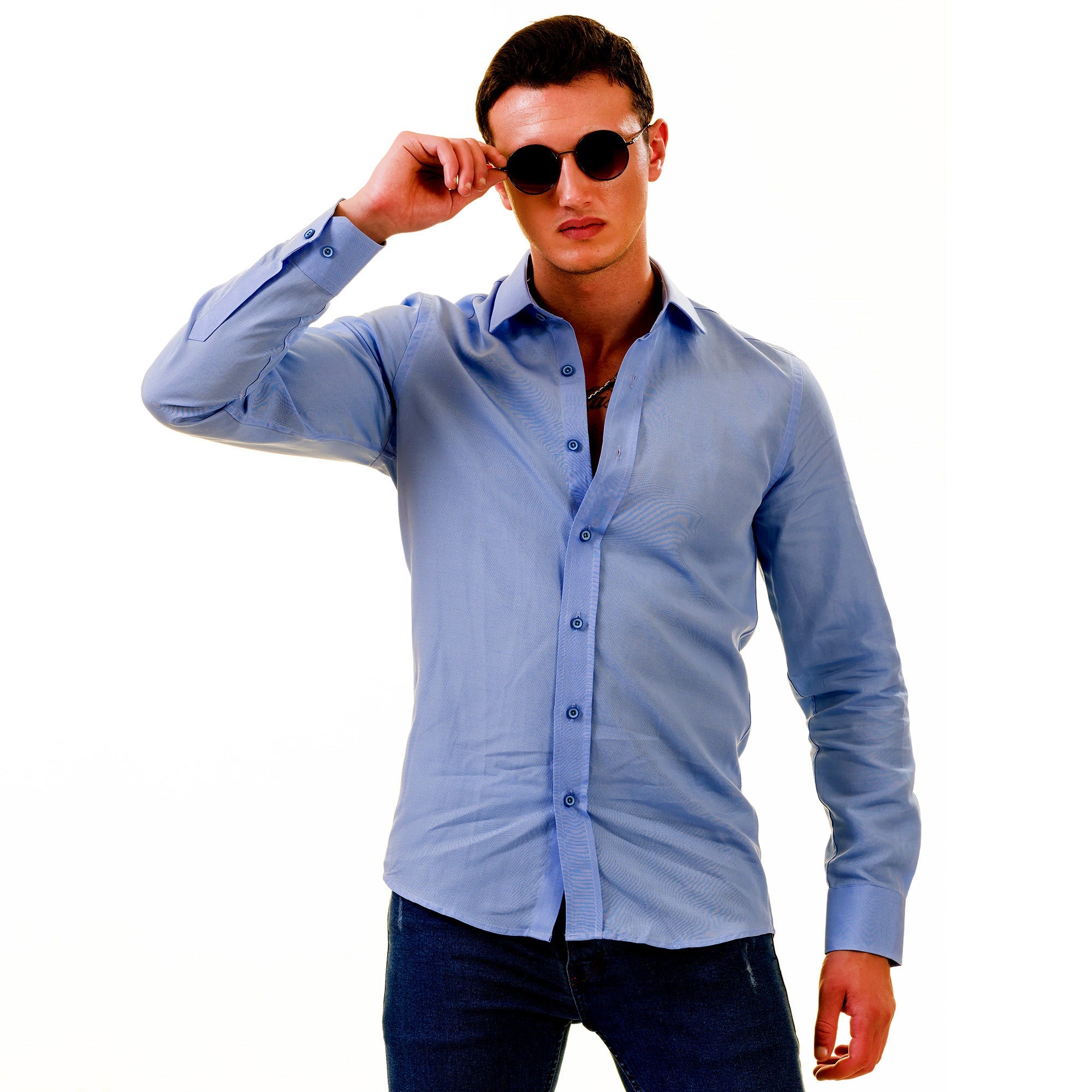 Sky Blue Luxury Men's Tailor Fit Button Up European Made Linen Shirts - Horizon Bliss