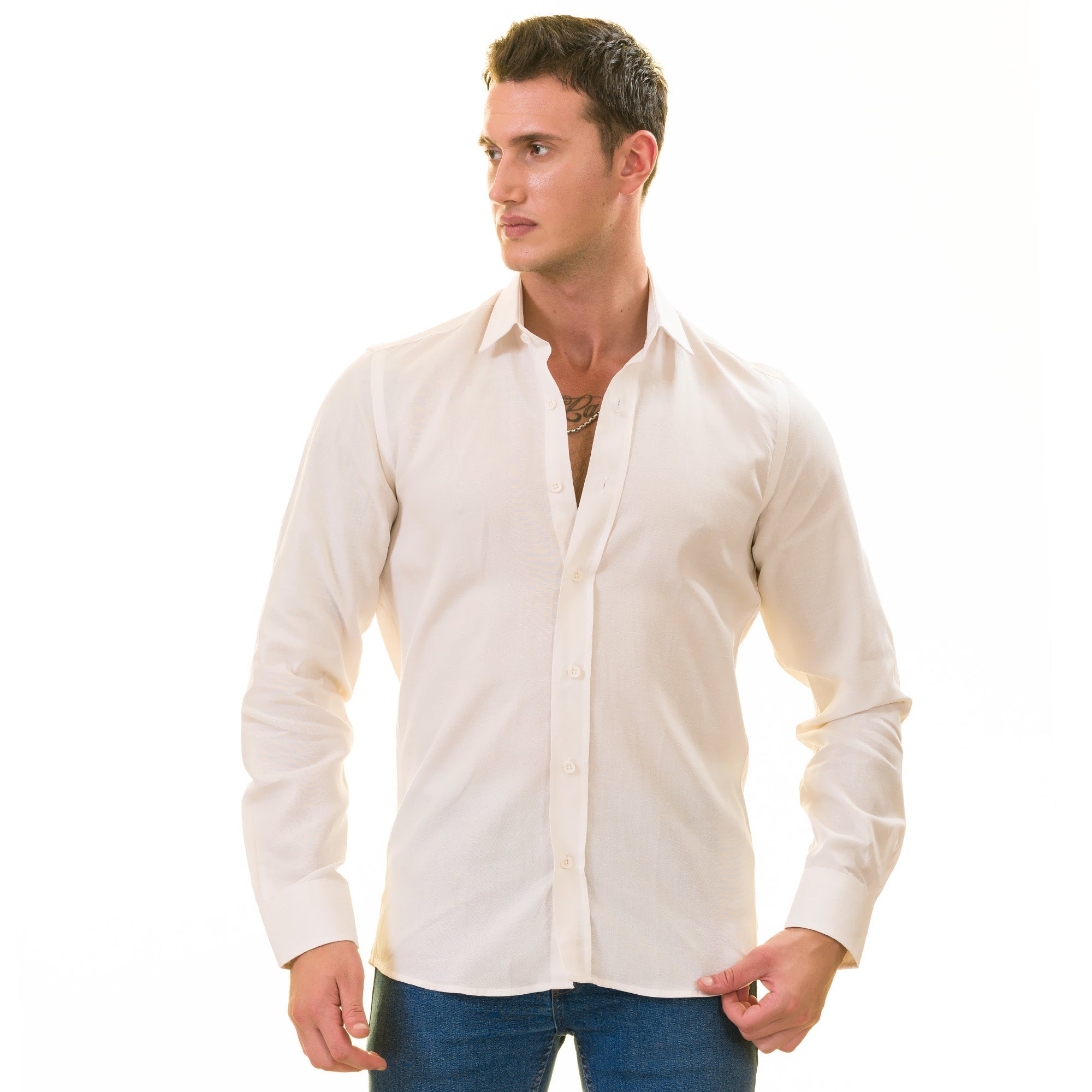 Off-White Luxury Men's Tailor Fit Button Up European Made Linen Shirts - Horizon Bliss