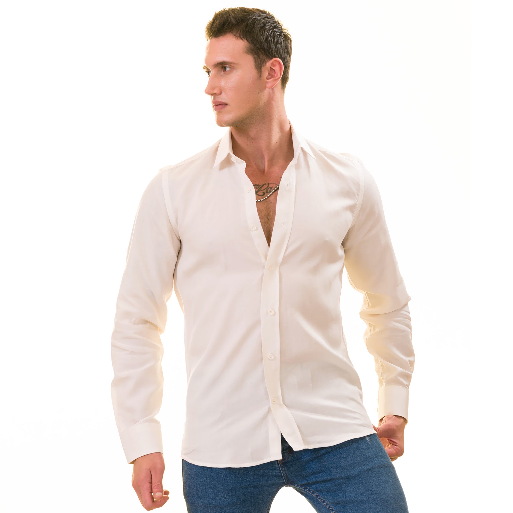 Off-White Luxury Men's Tailor Fit Button Up European Made Linen Shirts - Horizon Bliss