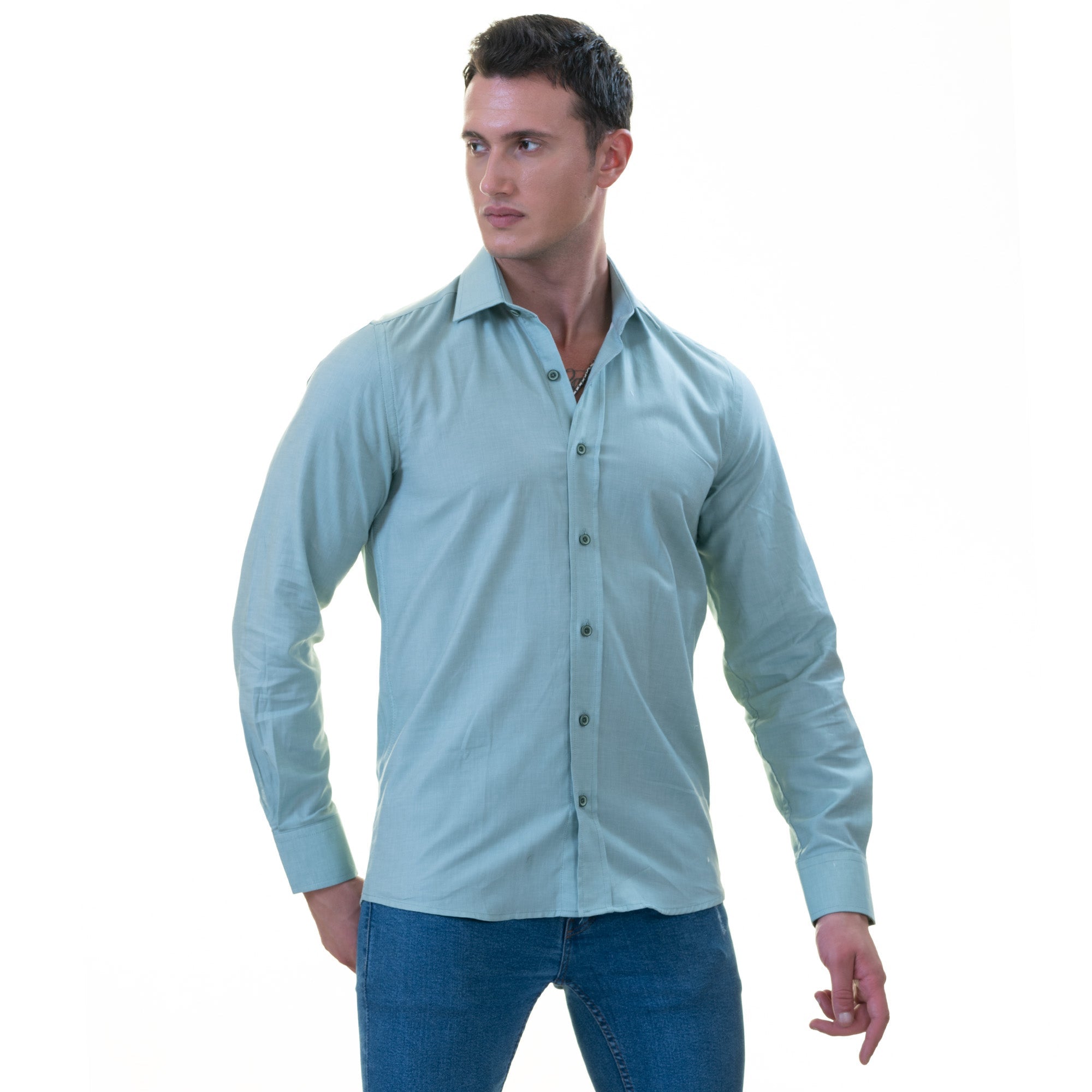 Blue Luxury Men's Tailor Fit Button Up European Made Linen Shirts - Horizon Bliss