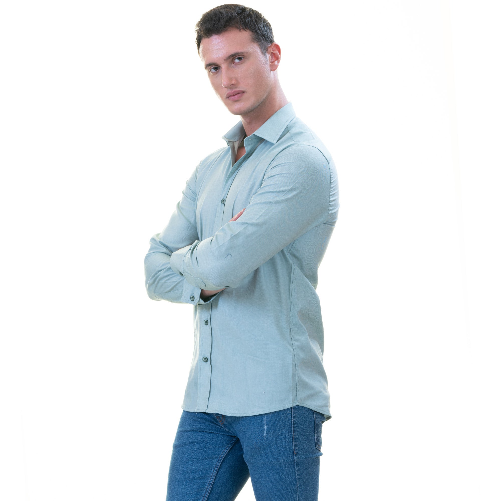 Blue Luxury Men's Tailor Fit Button Up European Made Linen Shirts - Horizon Bliss