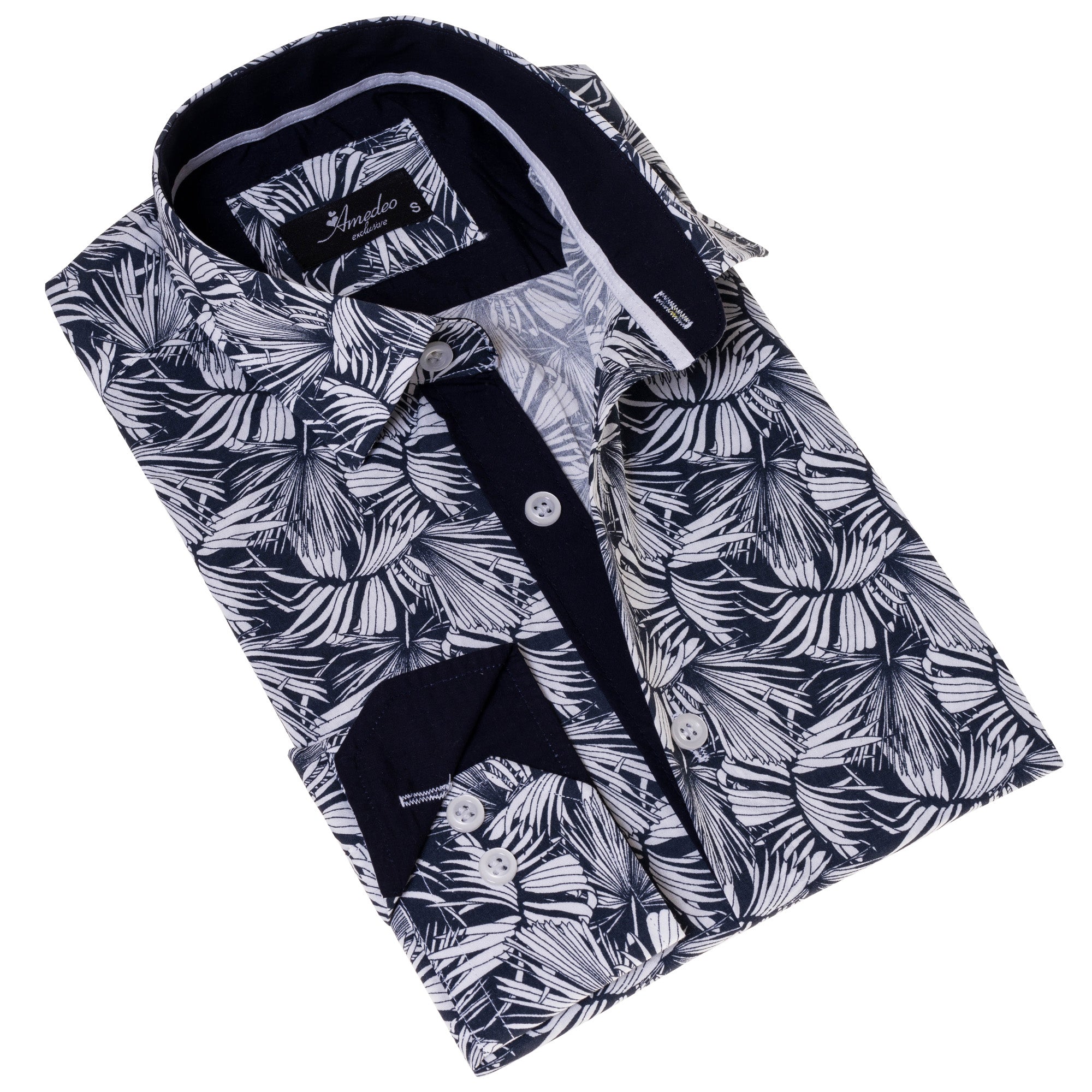 Black White Leaves Men's Slim Fit Designer French Cuff Shirt - - Horizon Bliss