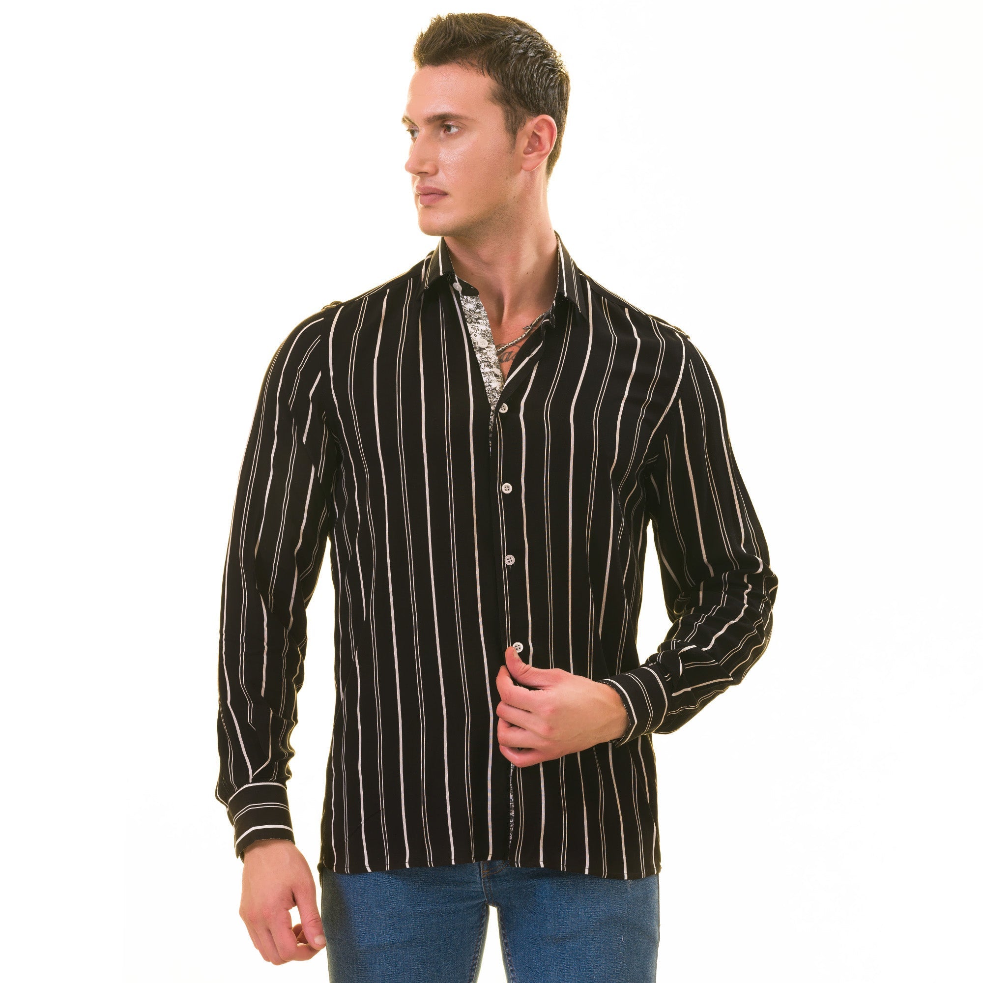 Black Striped Men's  Slim Fit Designer French Cuff Shirt - Tailored - Horizon Bliss