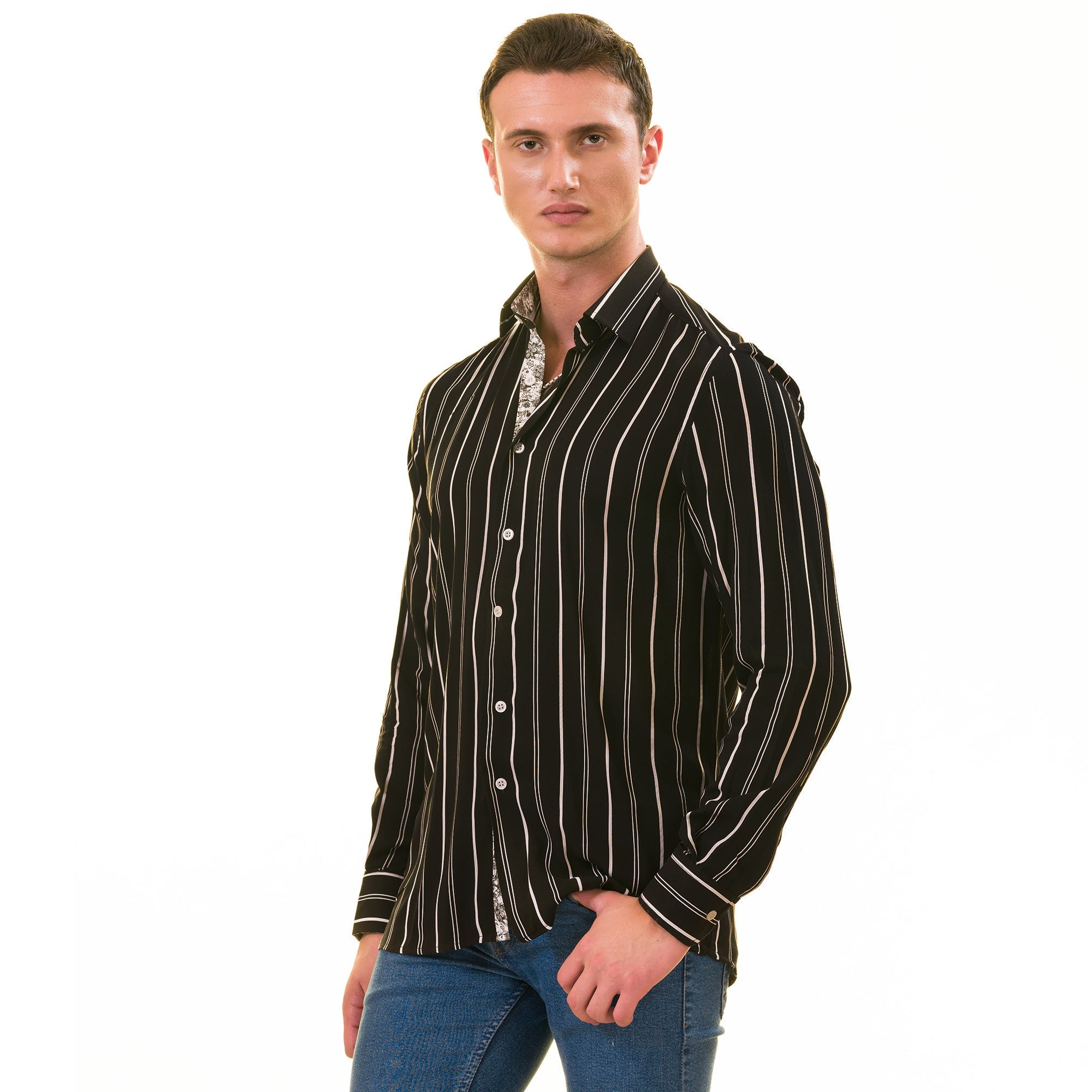 Black Striped Men's  Slim Fit Designer French Cuff Shirt - Tailored - Horizon Bliss