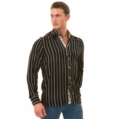 Black Striped Men's  Slim Fit Designer French Cuff Shirt - Tailored - Horizon Bliss