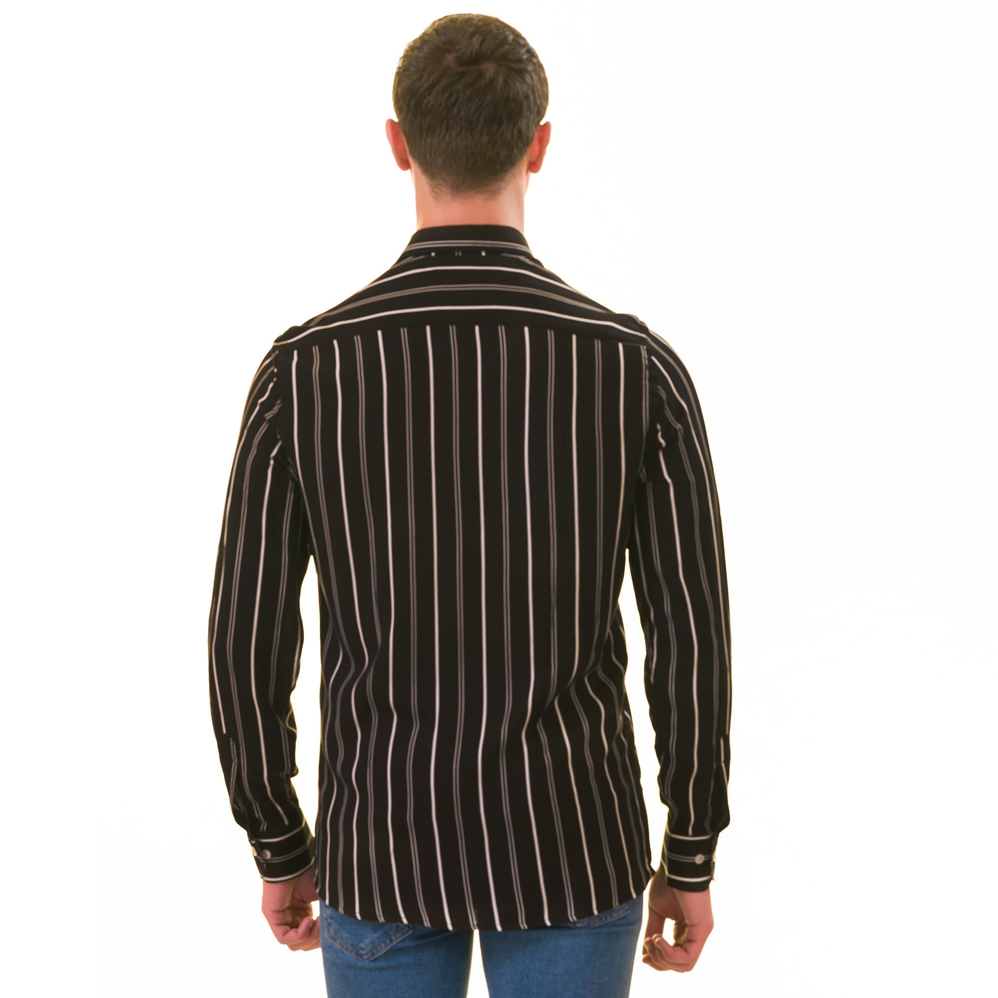 Black Striped Men's  Slim Fit Designer French Cuff Shirt - Tailored - Horizon Bliss