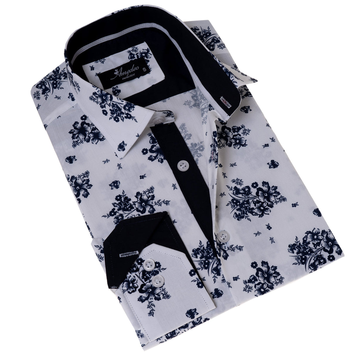 White Navy Floral Digital Men's  Slim Fit Designer Dress Shirt - - Horizon Bliss