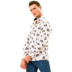 White Navy Floral Digital Men's  Slim Fit Designer Dress Shirt - - Horizon Bliss