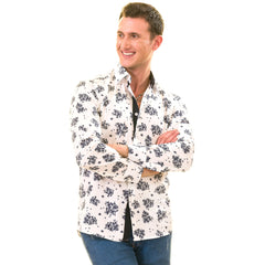 White Navy Floral Digital Men's  Slim Fit Designer Dress Shirt - - Horizon Bliss